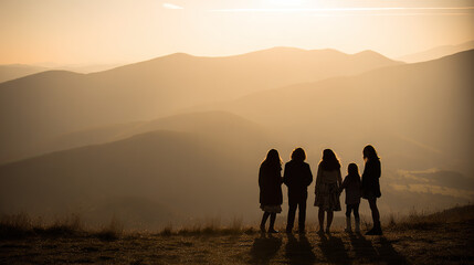 Family silhouette against a mountain sunset, evoking outdoor adventure and togetherness.