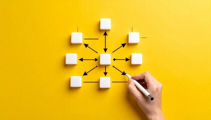 Hand drawing a business process flow chart on a yellow surface
