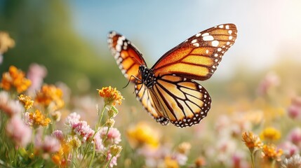 Fototapeta premium Beautiful monarch butterfly fluttering over colorful wildflowers in a sunny meadow