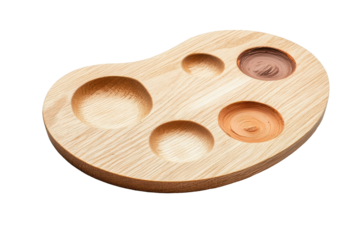 Wooden painter s palette with colorful paint blobs isolated on transparent background. Wooden artist s palette with samples of paints isolated on white background.
