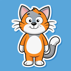 Obraz premium Vector art of a cute cartoon orange and grey cat with big eyes and a friendly smile, standing on a blue background
