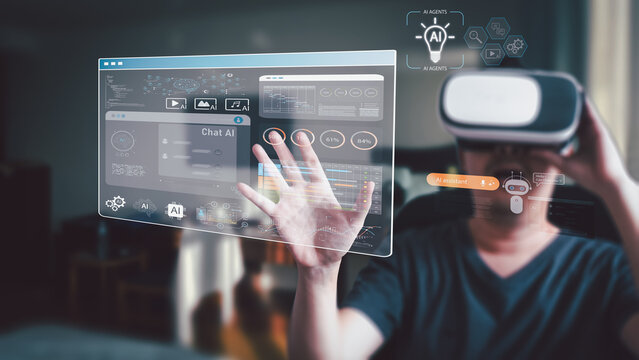 A man wearing a VR headset interacts with a futuristic holographic AI dashboard in the metaverse, managing data and AI agents, symbolizing advanced virtual reality technology.