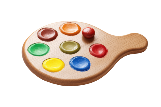Wooden painter s palette with colorful paint blobs isolated on transparent background. Wooden artist s palette with samples of paints isolated on white background.