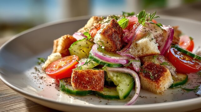 Italian Panzanella salad with fresh ingredients, savoring summer in Tuscany
