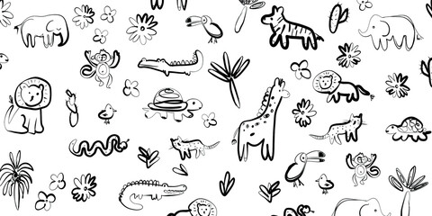 Illustration of wild animals, cartoon childish style, transparent background
