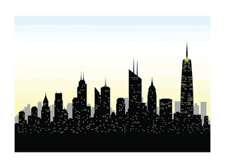 Cityscape Silhouette: The graphic depicts a striking cityscape silhouette at dusk, featuring a skyline of skyscrapers with lit windows, and evoking a sense of urban life, industry, and modernity.