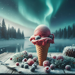Artisanal gelato cone with frosted berries on a wooden table beside a frozen lake, Northern lights in the sky, cinematic cold tone, atmospheric mist

