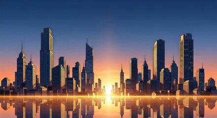 Stylized Metropolis Skyline Mirrored in the Golden Glow of a Serene Sunset