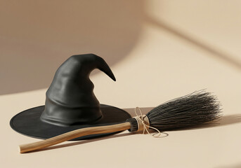 Minimalist Halloween concept with a witch hat and broom on a beige background
