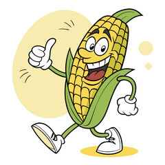 Vector art of happy cartoon corn cob character giving a thumbs up and walking, isolated on white background