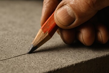 Creating precise lines with a pencil on textured surface in a workspace