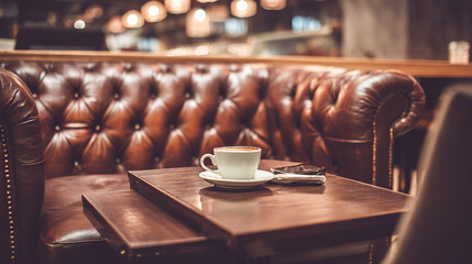 Luxurious leather sofa and coffee table in an upscale restaurant with warm ambient lighting.