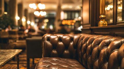 Luxurious leather sofa and coffee table in an upscale restaurant with warm ambient lighting.