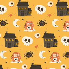 Halloween Spooky Pattern Design with Haunted House Moon Eye Spider Gravestone Illustration