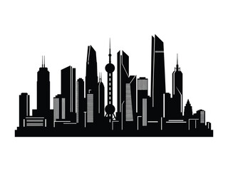 Fototapeta premium Cityscape Silhouette: A modern cityscape silhouette with various skyscrapers and landmarks, representing a bustling urban environment.