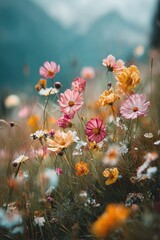 Colorful wildflowers bloom in a meadow surrounded by mountains during a sunny spring day