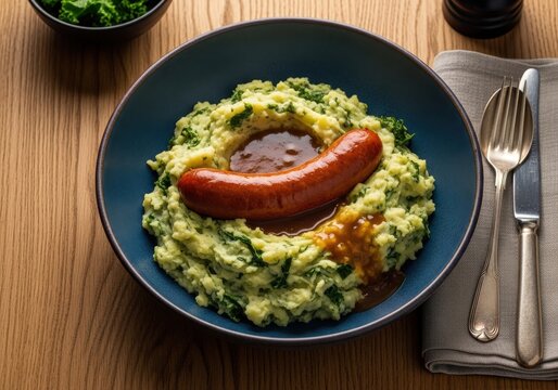 Dutch stamppot with rookworst sausage and kale mashed potatoes in a blue bowl for dinner