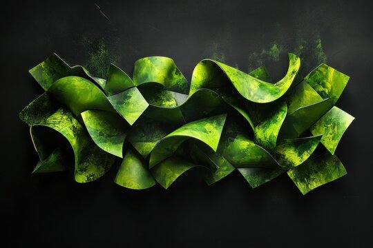 Dynamic green shapes undulate against a dark background creating an abstract visual experience, green shapes moving on black background - Powered by Adobe
