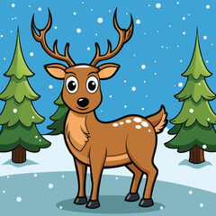 Vector art of cute cartoon reindeer standing in a snowy forest with pine trees and falling snow