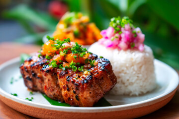 Aromatic grilled meat platter with steamed rice and vibrant sides