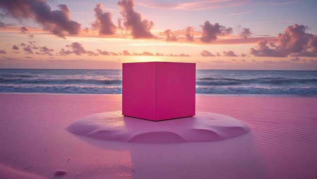 A pink doorway opens to a pastel sky in a 3D-rendered surreal holographic scene	