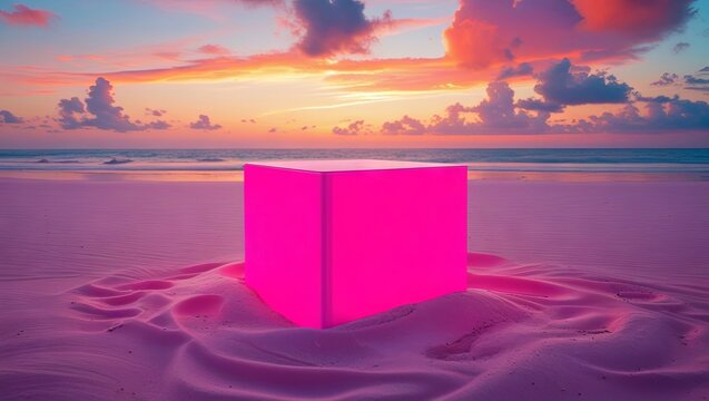 A pink doorway opens to a pastel sky in a 3D-rendered surreal holographic scene	
