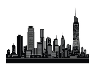 Naklejka premium Urban Silhouette: A sleek, minimalist representation of a modern cityscape, featuring iconic skyscrapers, high-rise structures, and a dynamic skyline. Perfect for conveying urban sophistication.