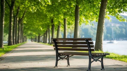 Fototapeta premium Tranquil park bench beckons for peaceful reflection by the water in a lush green setting on a warm summer day