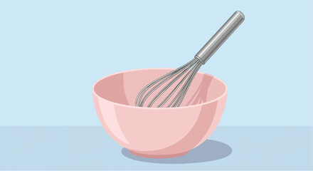 Pink bowl with whisk on table, light blue background, graphic resource use
