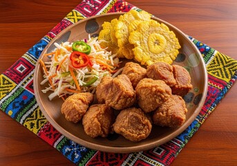 Haitian griot fried pork with pikliz slaw and fried plantains on a traditional platter