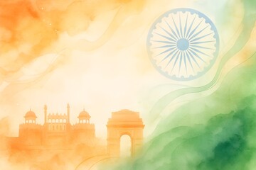 Tricolor Indian Independence Day Background &ndash; Watercolor Flag Waves with Ashoka Chakra & Monuments