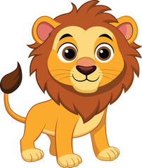 Vector art of cute cartoon lion cub with a brown mane and tail, smiling and standing, isolated on white background
