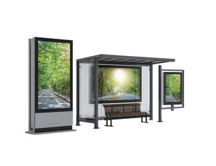 Outdoor digital displays mounted on a bus stop shelter.  Three screens, varying sizes, show a nature scene.  Gray metal housings