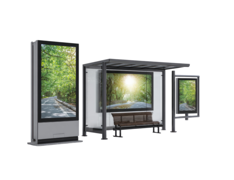 Outdoor digital displays mounted on a bus stop shelter.  Three screens, varying sizes, show a nature scene.  Gray metal housings