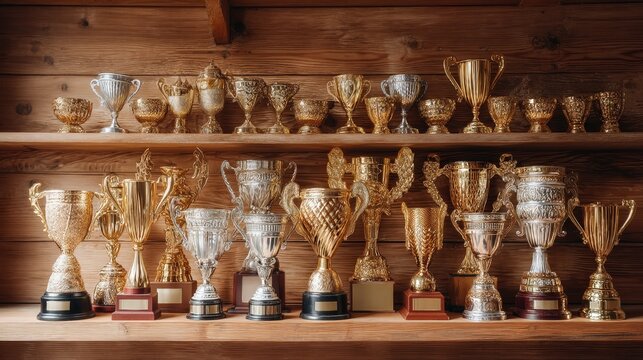 Collection of shiny trophies displayed on wooden shelves in a cozy setting