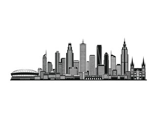 Naklejka premium City Skyline Silhouette: A monochromatic graphic of a dynamic city skyline, capturing the imposing presence of modern buildings. A visual exploration of urban grandeur.