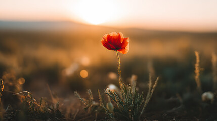 A vibrant red poppy flower in a sunset-lit field, representing remembrance and natural beauty.
