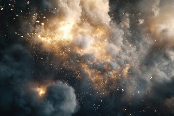 Dust particles collide and create shimmering effects in a cosmic cloud at dusk, Dust particles colliding