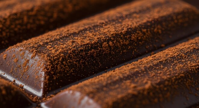 Dark chocolate bar segments dusted with cocoa powder closeup detailed