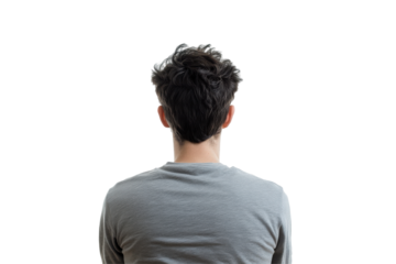 Man sitting cross legged facing away from viewer isolated on transparent background. Back of a man sitting isolated on white background.