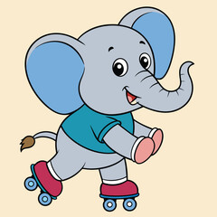 Vector art of cute cartoon baby elephant character happily roller skating with a big smile, vector illustration
