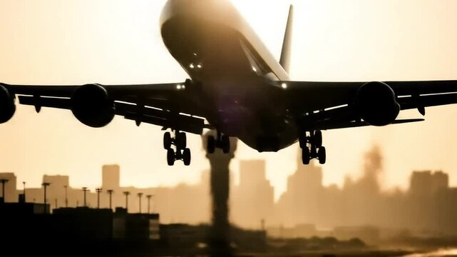 Dramatic Silhouette of a Jumbo Jet Taking Off Over a City Airport at Golden Hour