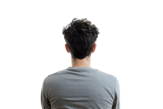 Man sitting cross legged facing away from viewer isolated on transparent background. Back of a man sitting isolated on white background.