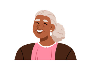 Senior old aged black woman laughing, smiling. Happy elderly African-American female with gray hair, earrings. Grandma portrait, avatar. Flat vector illustration isolated on white background
