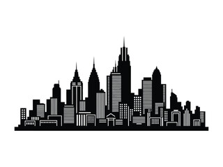 Urban Silhouette: A sophisticated monochromatic silhouette of a city skyline, exuding a modern architectural aesthetic, showcasing various building structures and iconic designs.