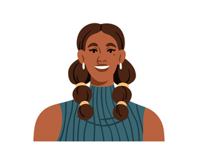 Happy woman smiling, head portrait. Cheerful female, face avatar. Young attractive hispanic girl with modern hairstyle, earrings, pretty makeup. Flat vector illustration isolated on white background