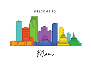 Fototapeta premium Miami Skyline: A vibrant line art representation of Miami's skyline, showcasing iconic buildings in a spectrum of colors, inviting visitors with a warm welcome.