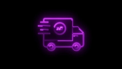 Glowing neon purple delivery truck icon with 24/7 service symbol moving fast on transparent black - Powered by Adobe