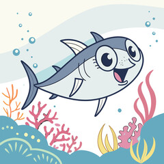 Vector art of a cute cartoon shark swims happily in the ocean surrounded by coral and bubbles