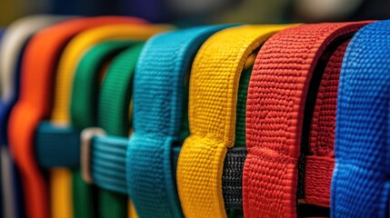 Colorful martial arts belts in a row